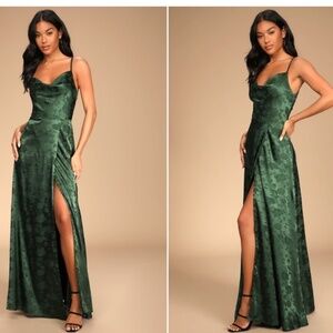 LULU's Sexy Prom Wedding Flowy Elegant Emerald Green Satin Floral Maxi